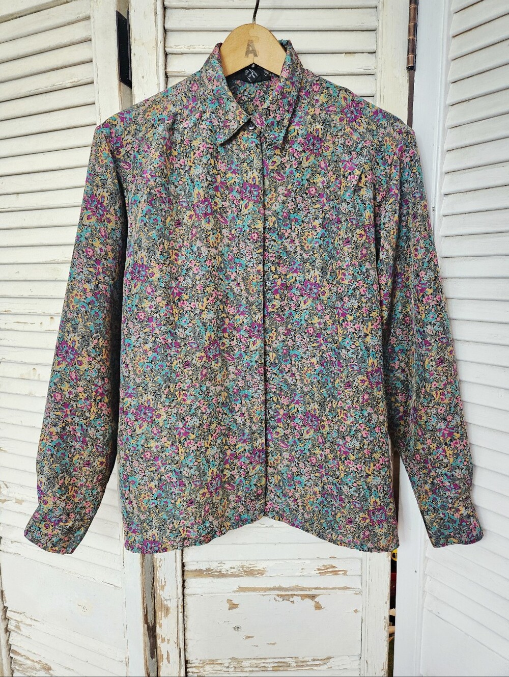 Vintage 90s David Matthew Dark Florals Long Sleeve Blouse Size 8/Medium